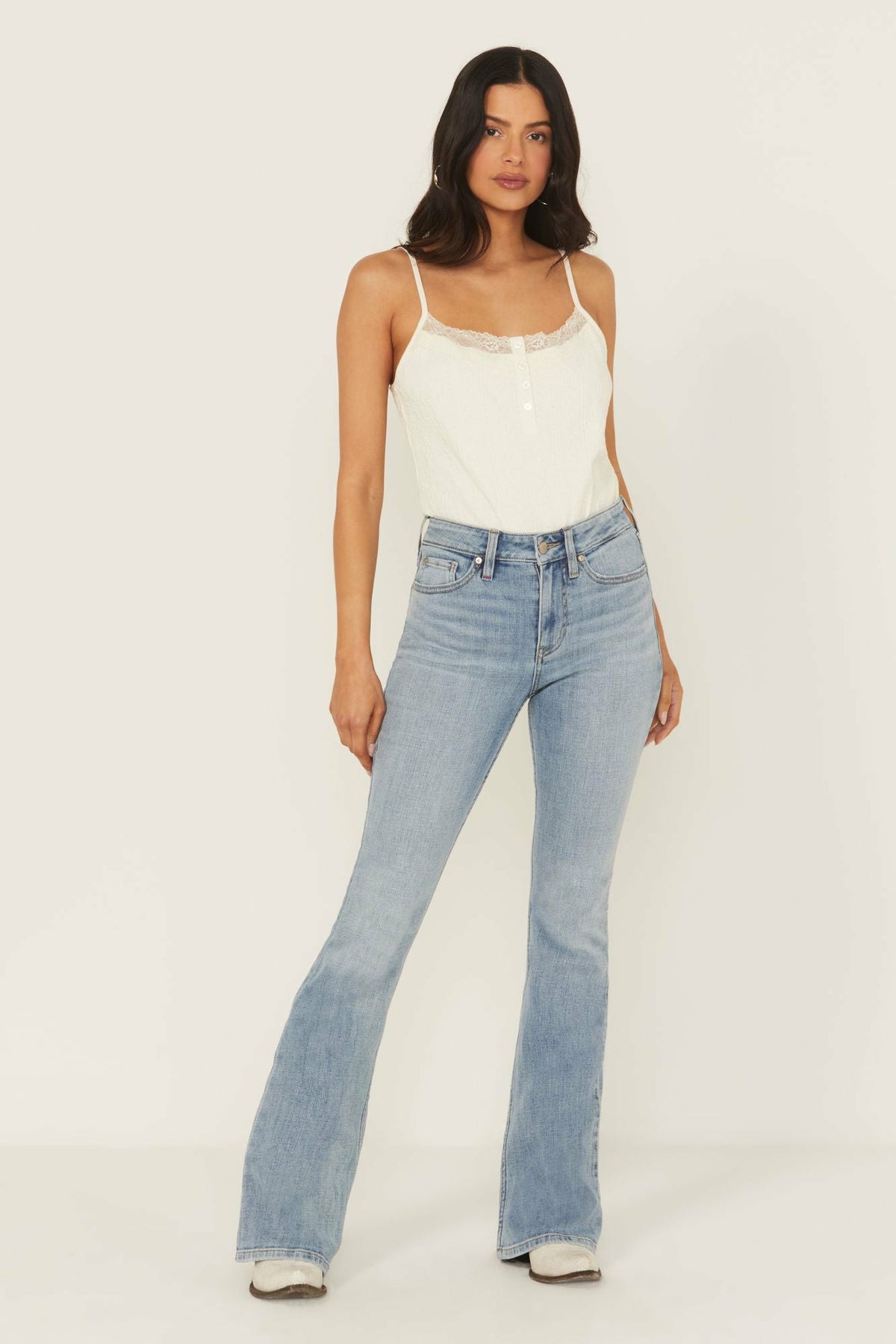 Outlaw Light Wash High Rise Double Back Yoke Bootcut Super Stretch Denim Jeans