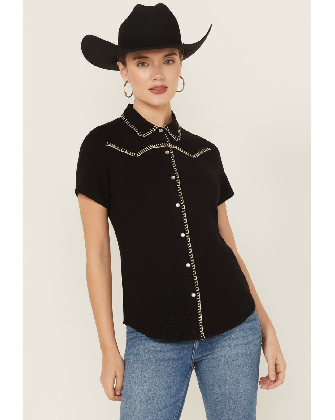Black Featherlight Short Sleeve Snap Stretch Shirt