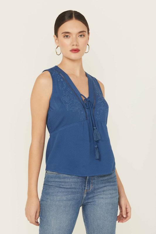 Cedar Embroidered Tie-Front Sleeveless Top