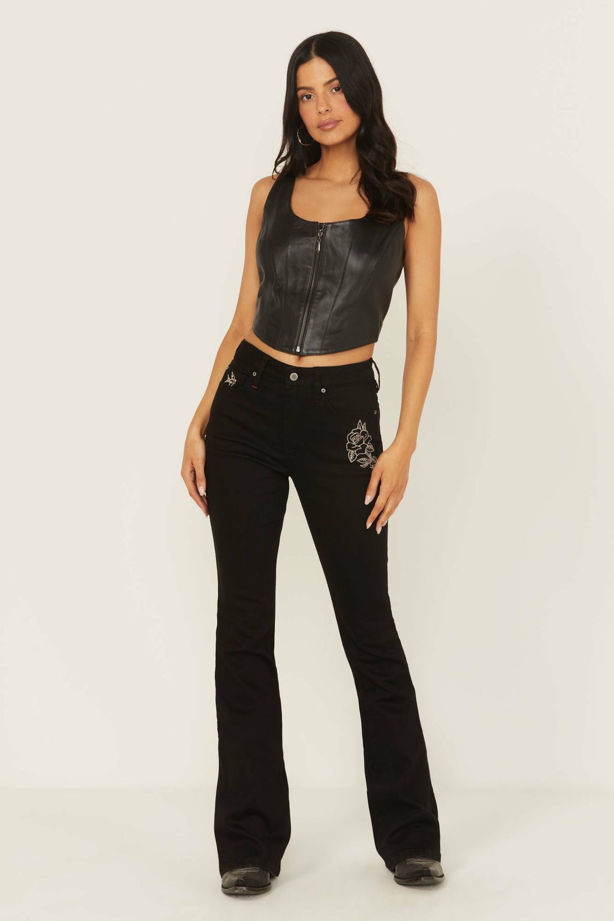 Outlaw High Rise Flare Embroidered Super Stretch Denim Jeans