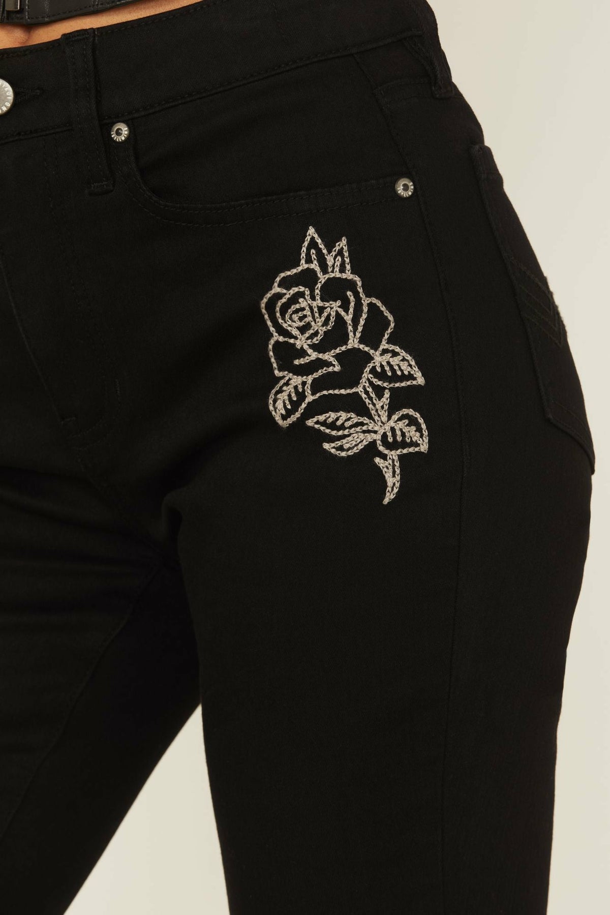 Outlaw High Rise Flare Embroidered Super Stretch Denim Jeans