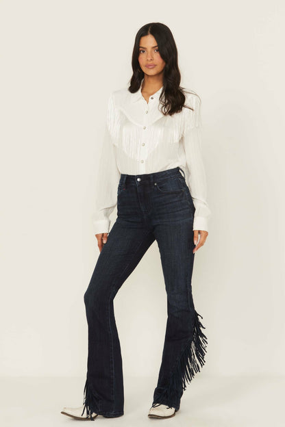 Allessio Dark Wash High Rise Fringe Bootcut Super Stretch Denim Jeans