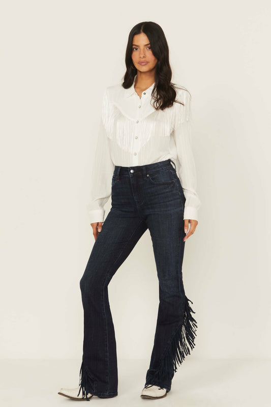 Allessio Dark Wash High Rise Fringe Bootcut Super Stretch Denim Jeans