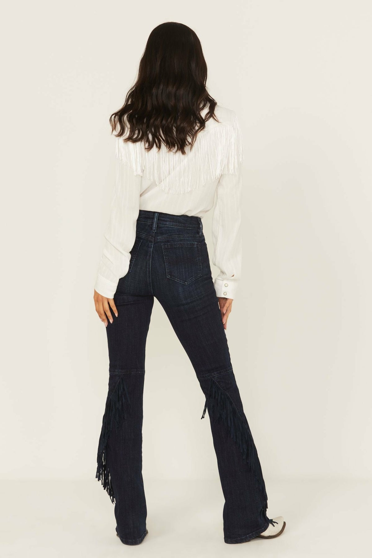Allessio Dark Wash High Rise Fringe Bootcut Super Stretch Denim Jeans