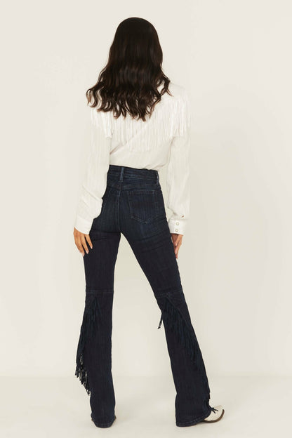 Allessio Dark Wash High Rise Fringe Bootcut Super Stretch Denim Jeans