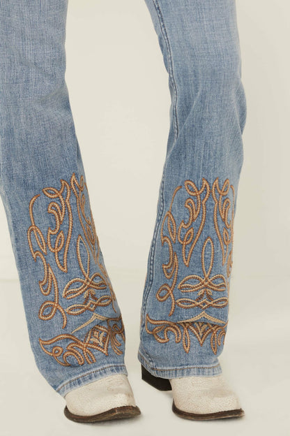 Hawkins Light Wash Rebel Mid Rise Boot Stitch Bootcut Super Stretch Denim Jeans