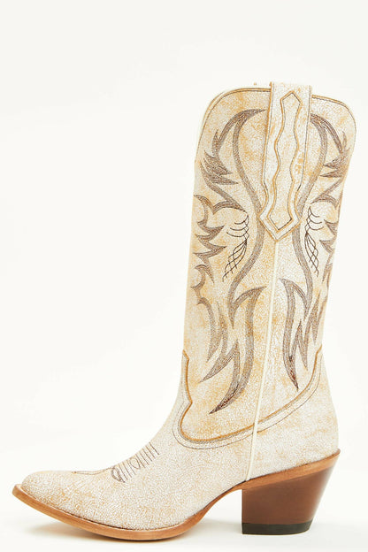Charmed Life Crackle White Leather Western Boots - Round Toe