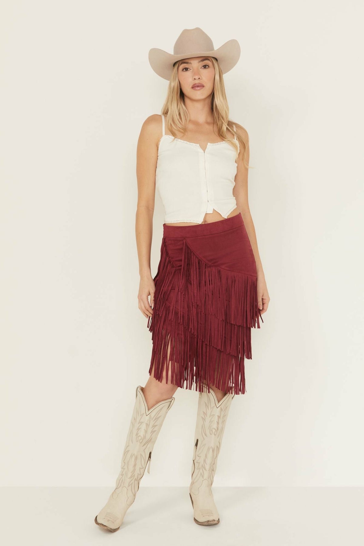 Tina Faux Suede Fringe Midi Skirt