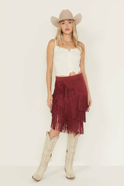 Tina Faux Suede Fringe Midi Skirt