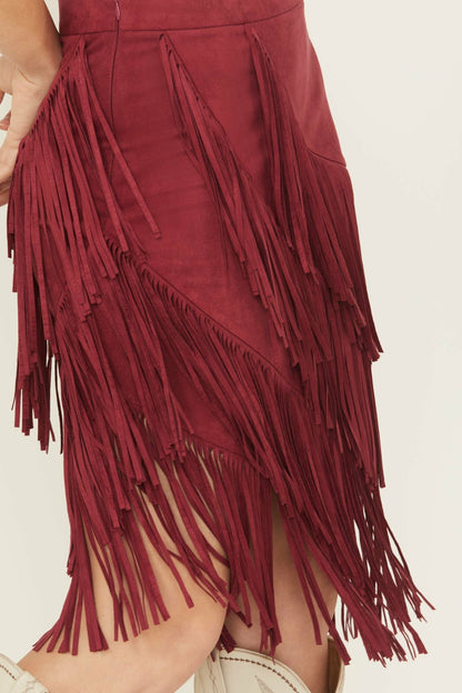 Tina Faux Suede Fringe Midi Skirt
