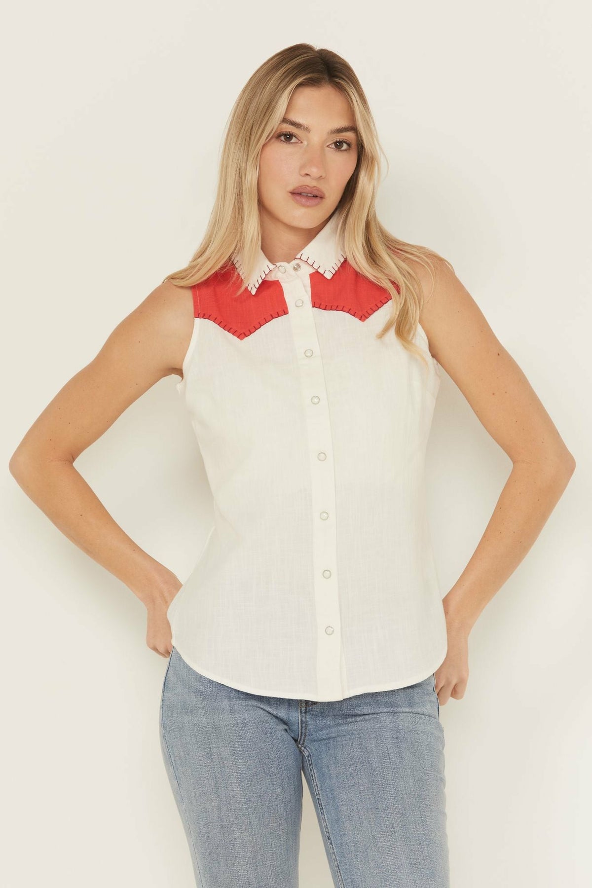 Plainweave Contrast Yoke Sleeveless Snap Western Shirt