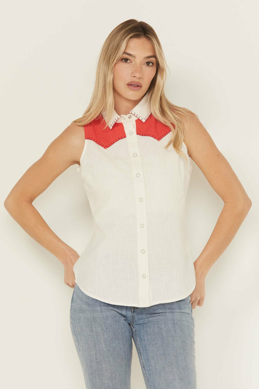 Plainweave Contrast Yoke Sleeveless Snap Western Shirt