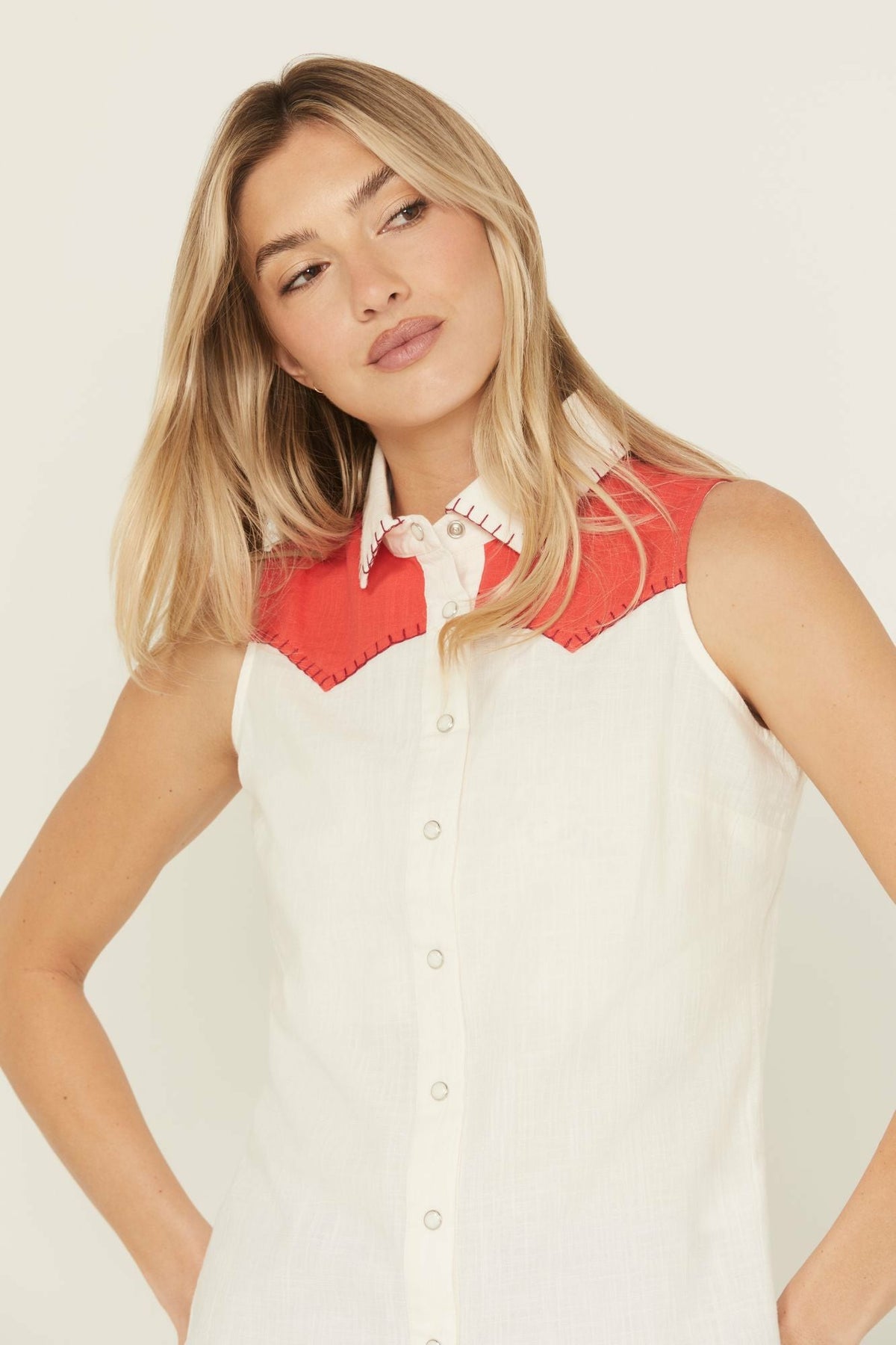 Plainweave Contrast Yoke Sleeveless Snap Western Shirt