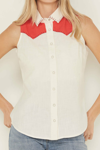 Plainweave Contrast Yoke Sleeveless Snap Western Shirt