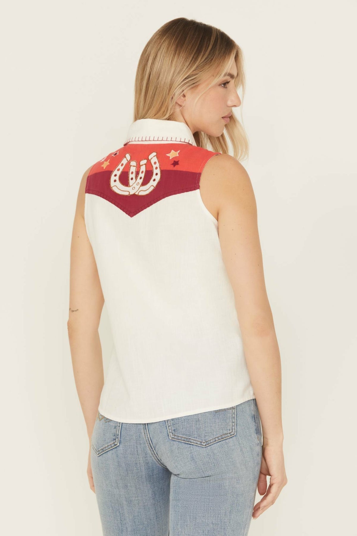 Plainweave Contrast Yoke Sleeveless Snap Western Shirt