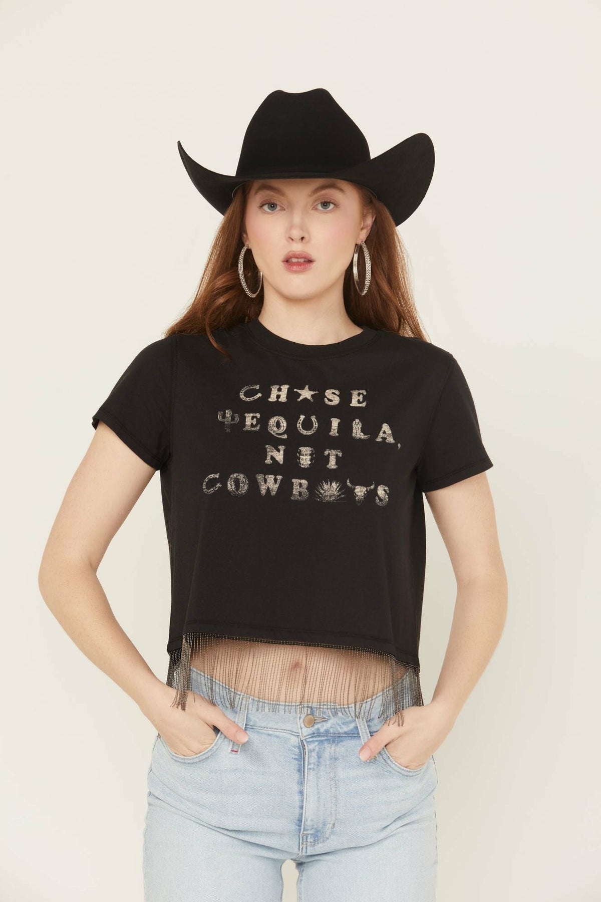 Chase Tequila Ball Chain Fringe Short Sleeve Cropped Graphic Tee