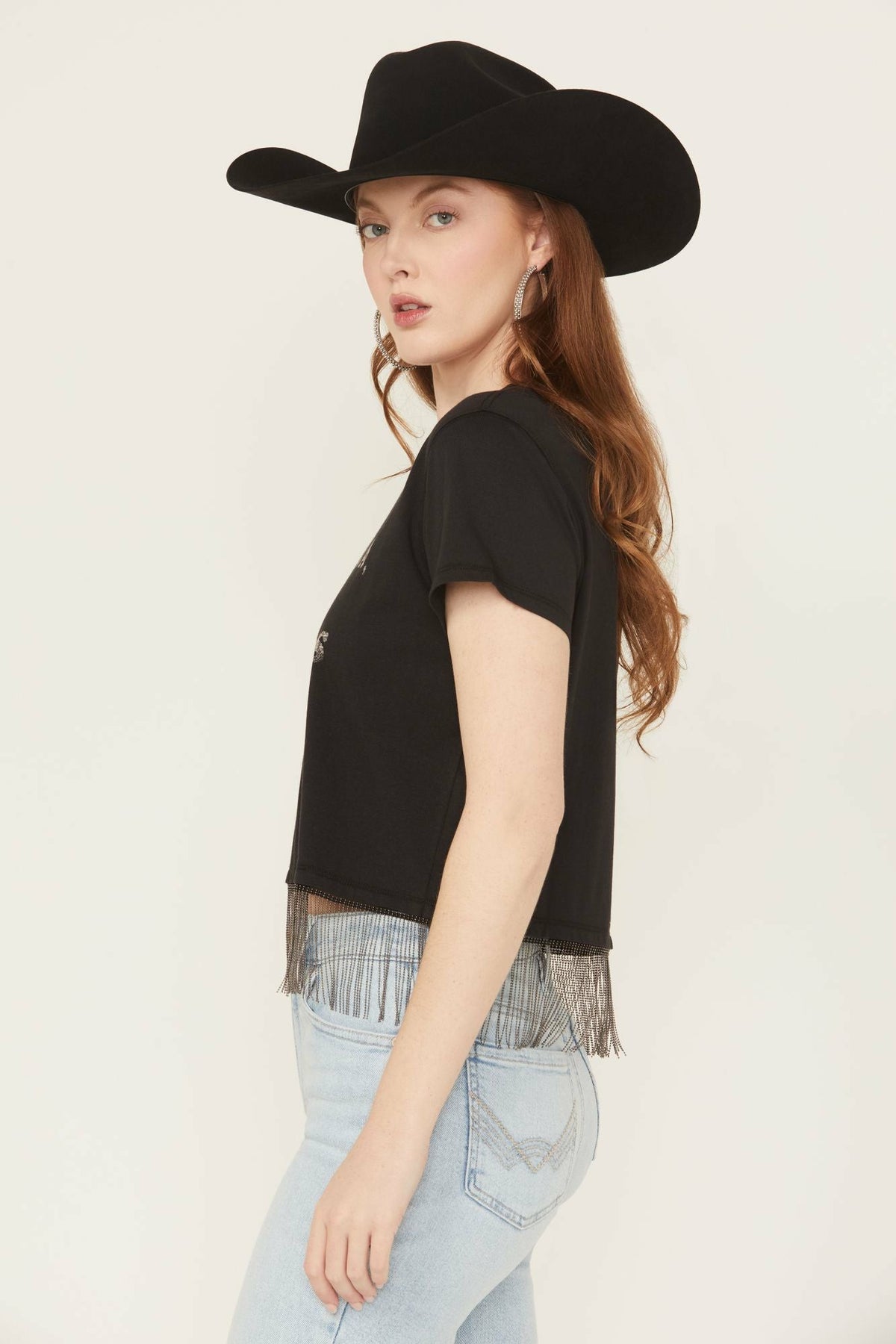 Chase Tequila Ball Chain Fringe Short Sleeve Cropped Graphic Tee