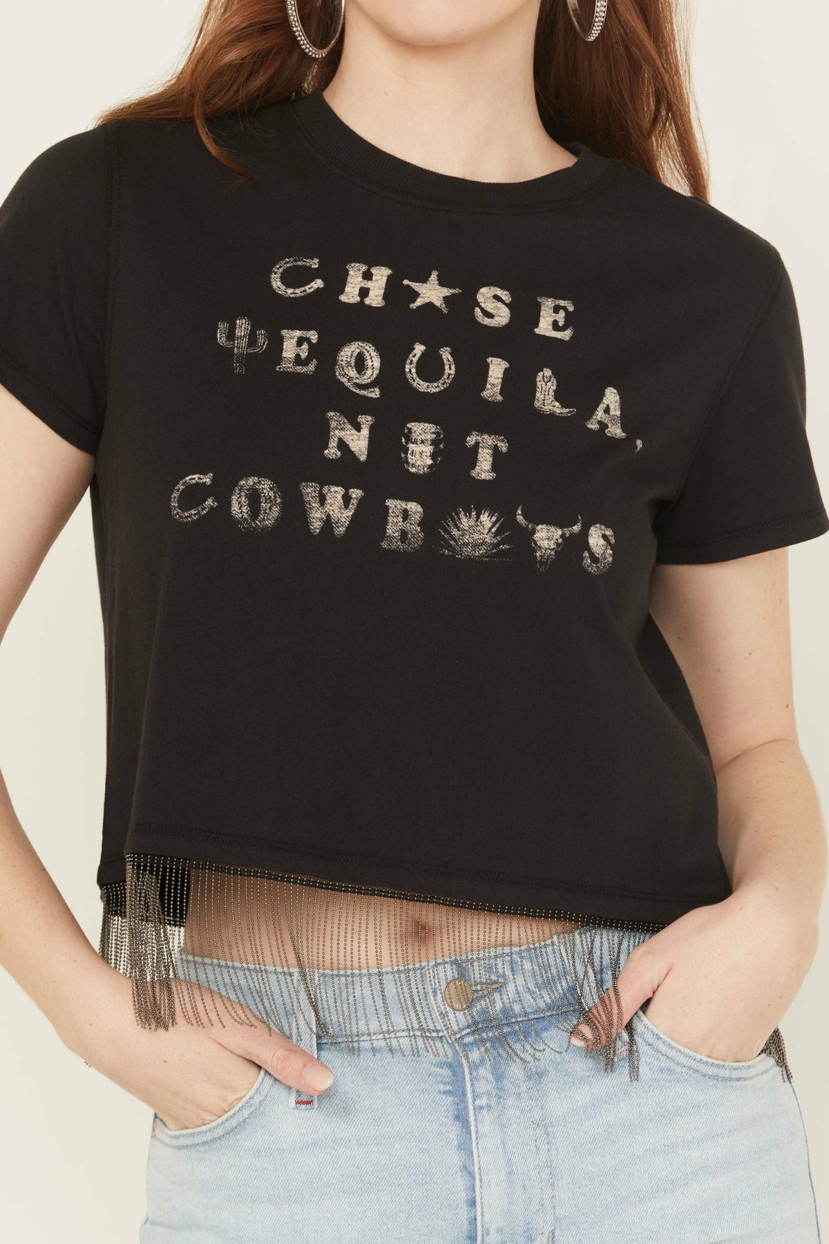Chase Tequila Ball Chain Fringe Short Sleeve Cropped Graphic Tee