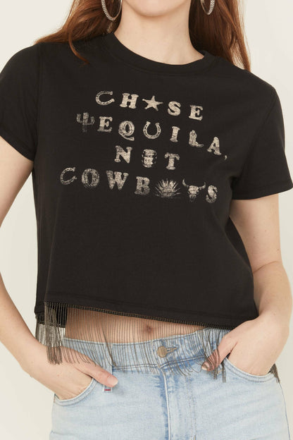 Chase Tequila Ball Chain Fringe Short Sleeve Cropped Graphic Tee