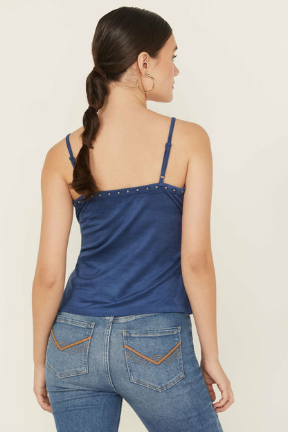 Faux Suede Studded Fringe Sleeveless Tank Top