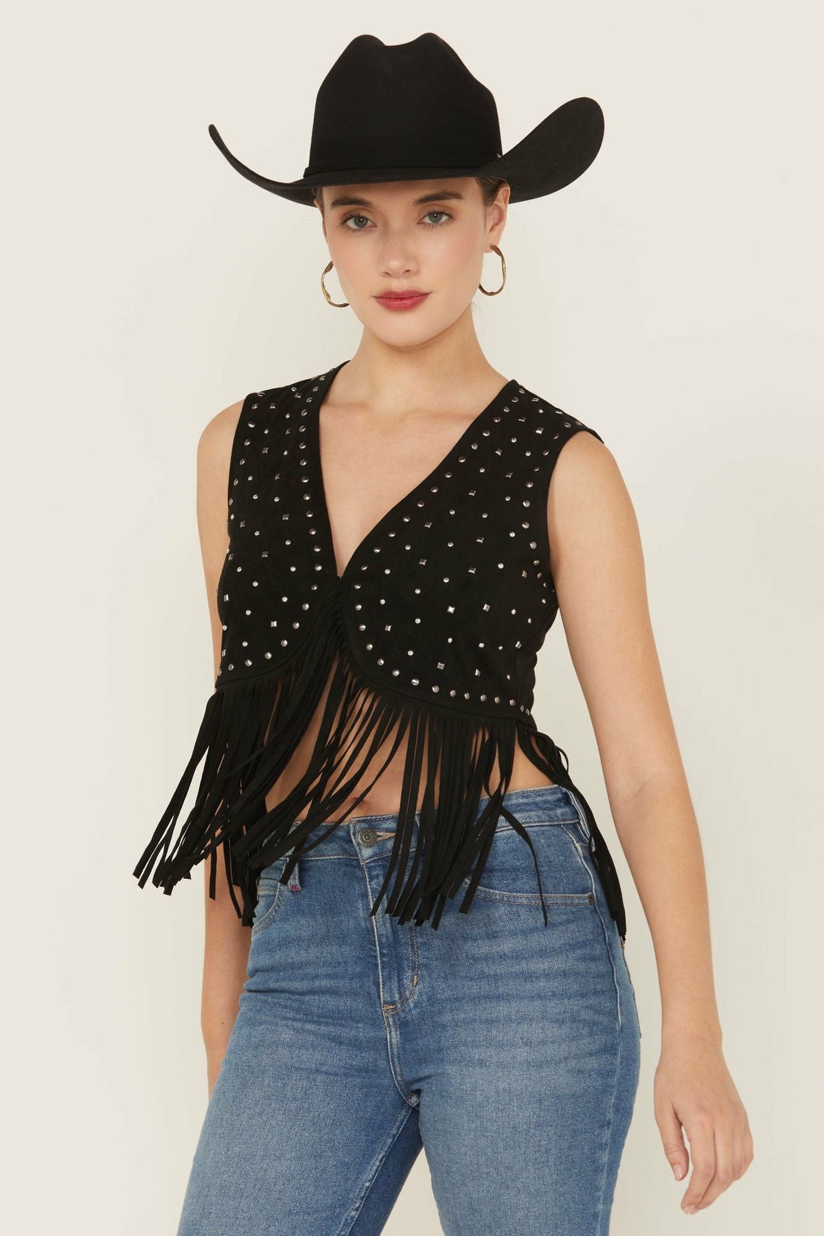 Embellished Faux Suede Cropped Fringe Vest