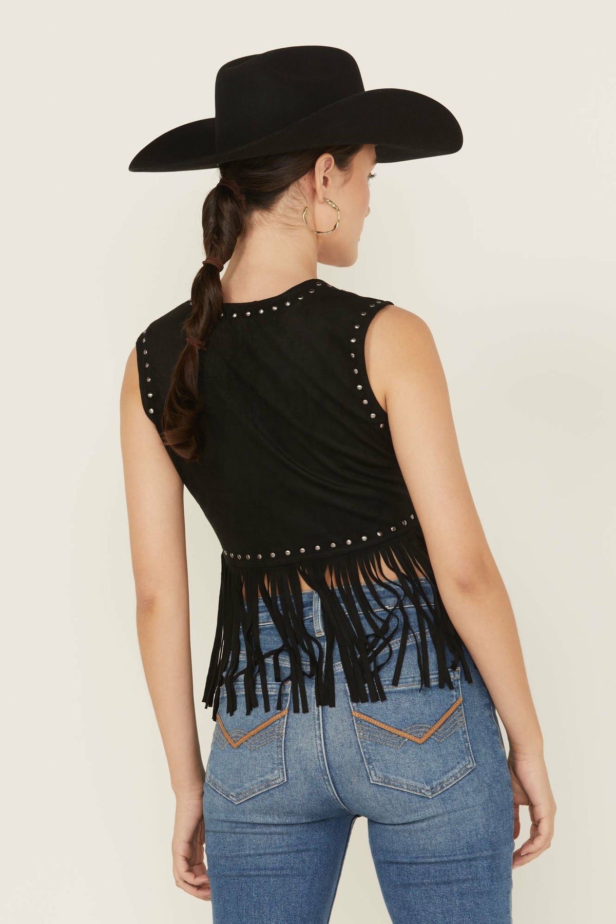 Embellished Faux Suede Cropped Fringe Vest