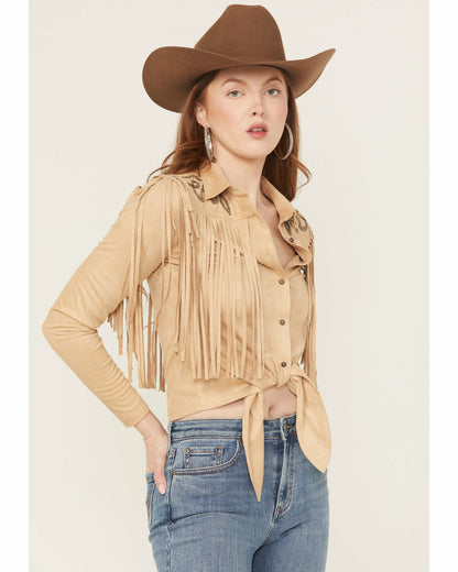McKinney Faux Suede Long Sleeve Fringe Top