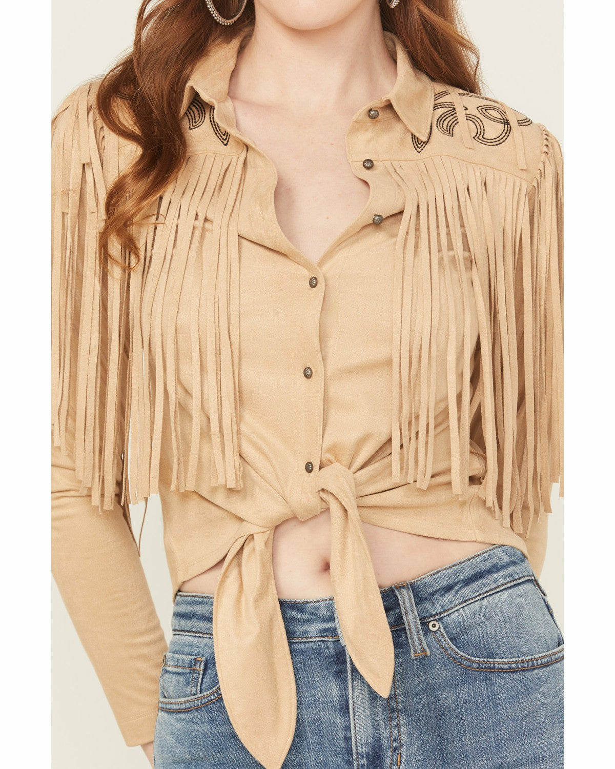 McKinney Faux Suede Long Sleeve Fringe Top