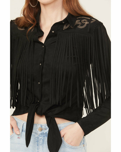McKinney Faux Suede Long Sleeve Fringe Top