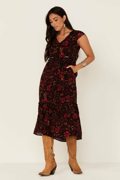 Black Floral Willow Branch Midi Dress