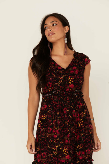 Black Floral Willow Branch Midi Dress