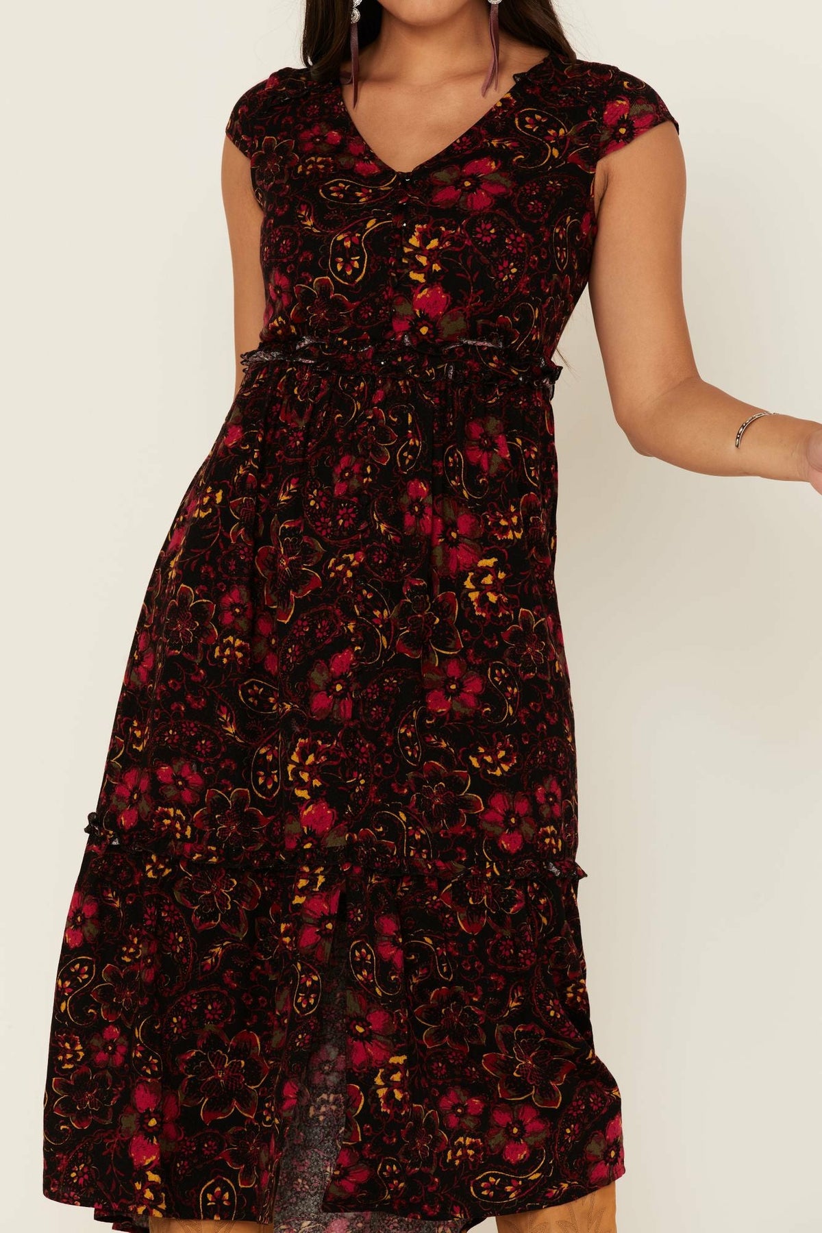 Black Floral Willow Branch Midi Dress
