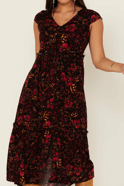 Black Floral Willow Branch Midi Dress