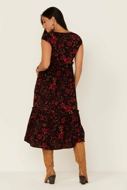 Black Floral Willow Branch Midi Dress