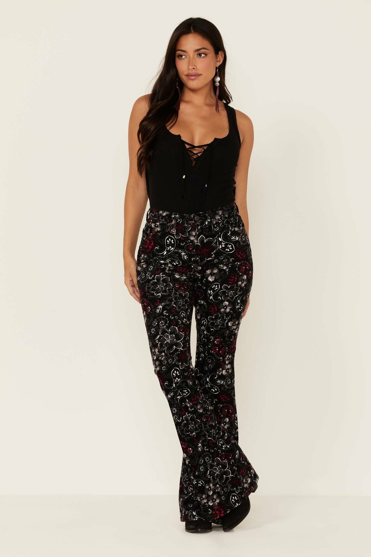 Black Floral Print High Rise Flare Cords