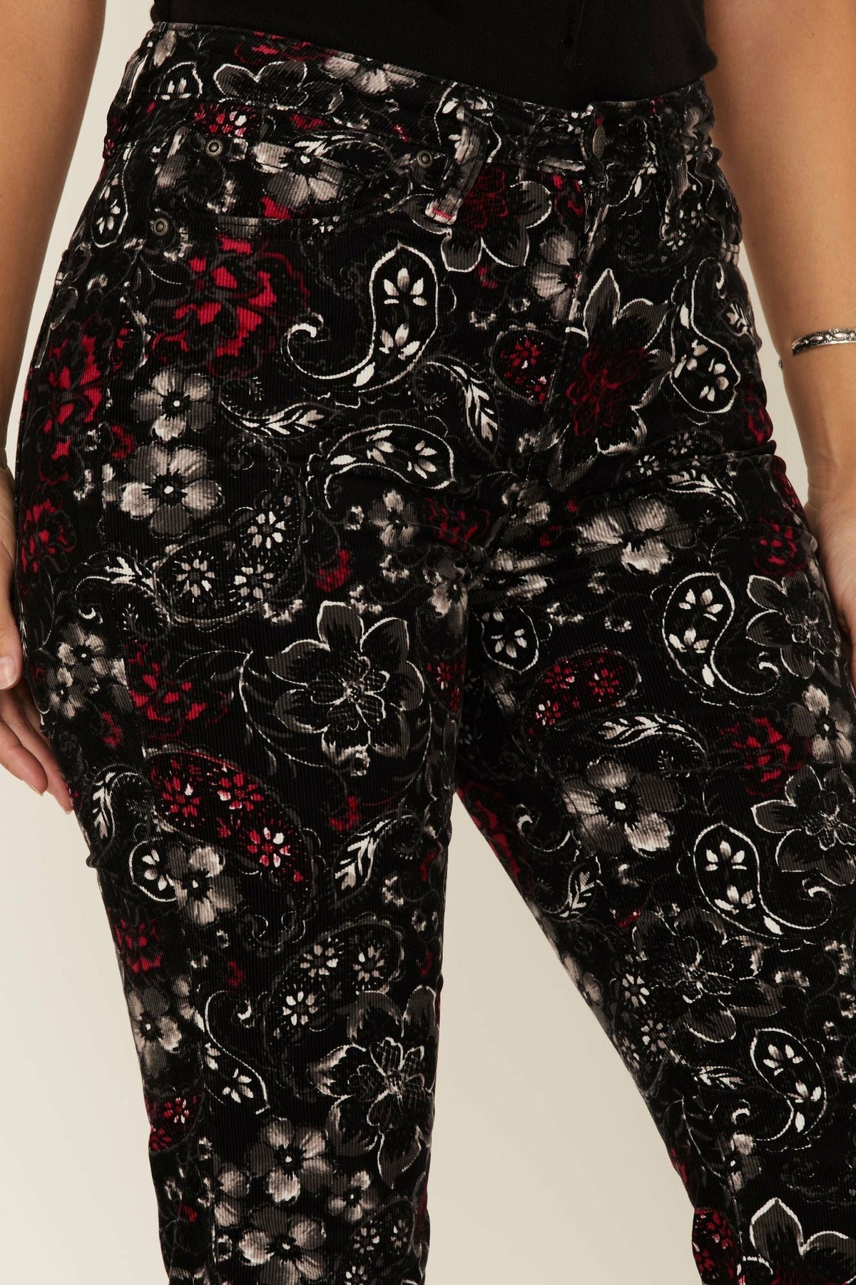 Black Floral Print High Rise Flare Cords