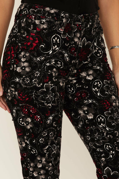 Black Floral Print High Rise Flare Cords