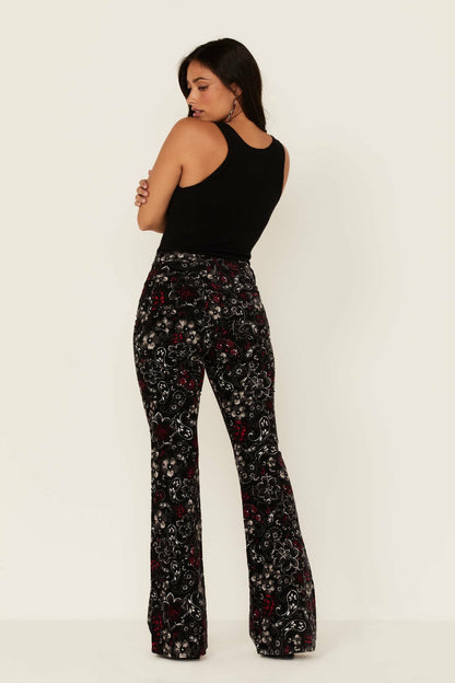Black Floral Print High Rise Flare Cords