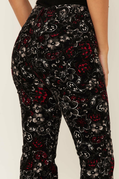 Black Floral Print High Rise Flare Cords