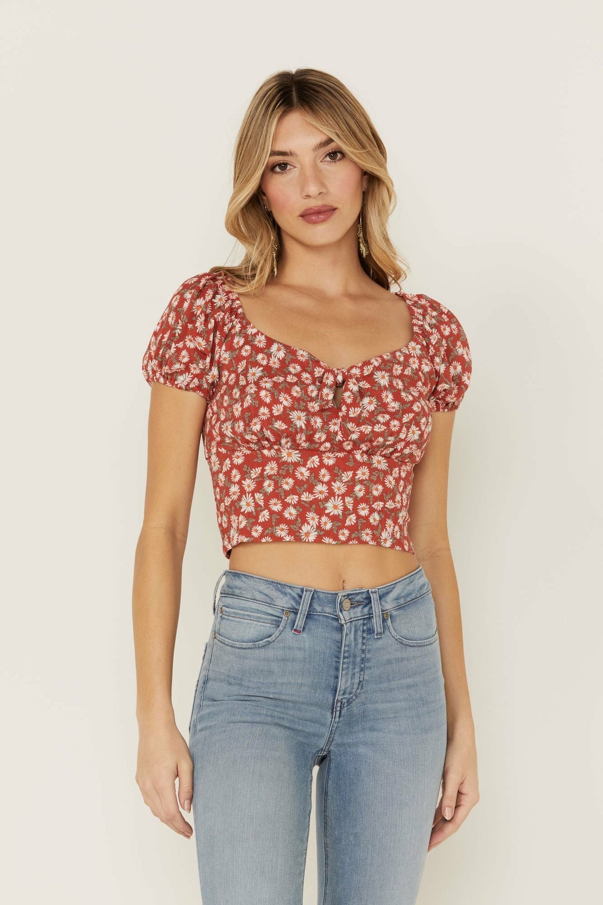 Bay Cove Brick Red Floral Crop Peasant Top