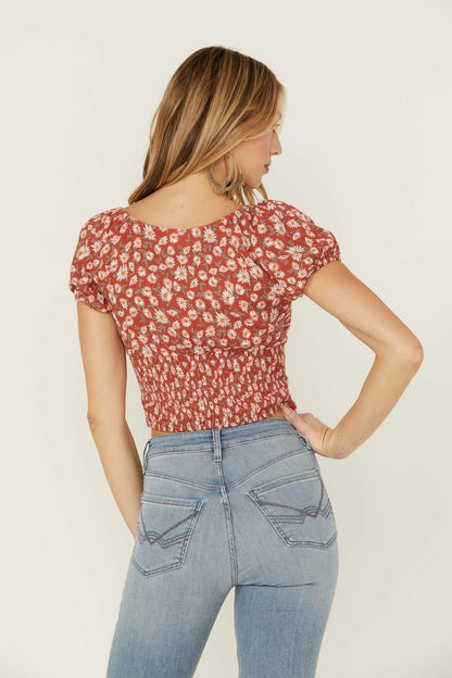 Bay Cove Brick Red Floral Crop Peasant Top