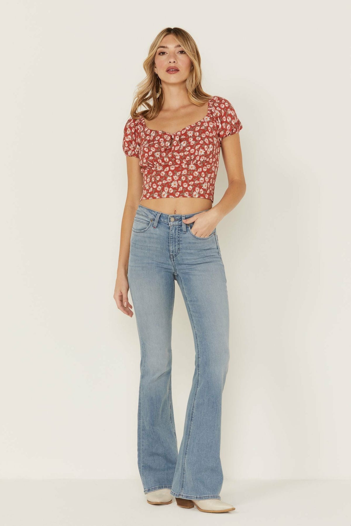 Bay Cove Brick Red Floral Crop Peasant Top