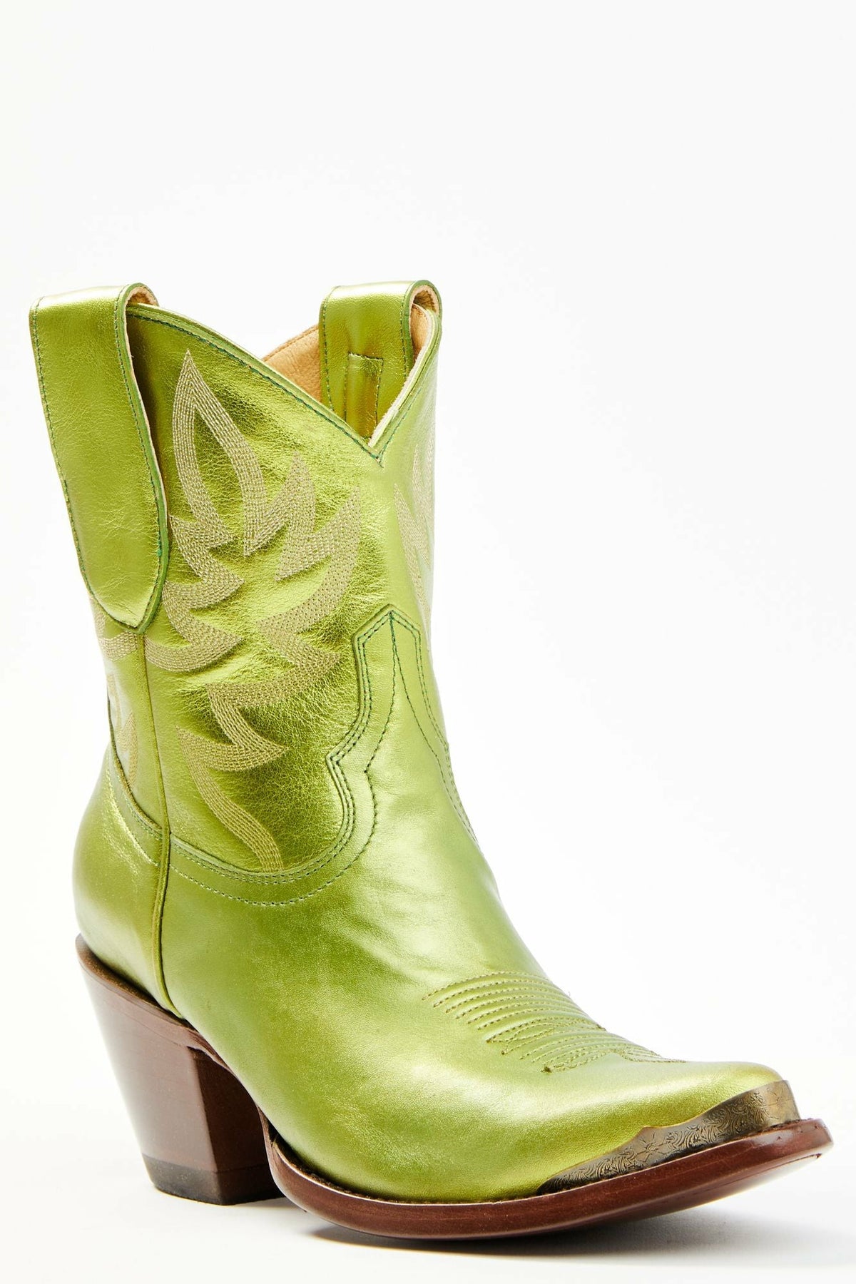 Envy Metallic Green Fashion Leather Western Booties - Round Toe