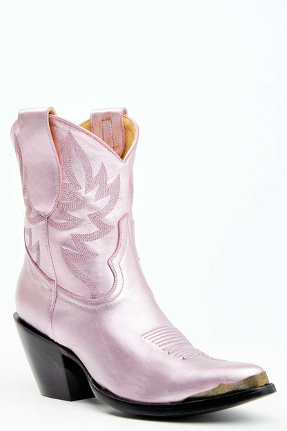 Tickled Metallic Pink Leather Fashion Western Booties - Round Toe