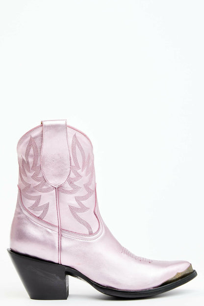 Tickled Metallic Pink Leather Fashion Western Booties - Round Toe