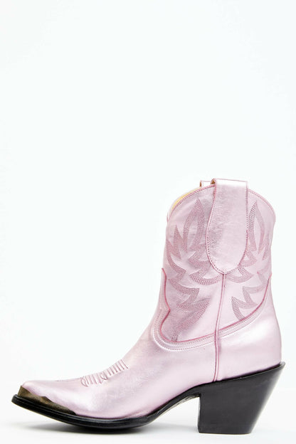 Tickled Metallic Pink Leather Fashion Western Booties - Round Toe