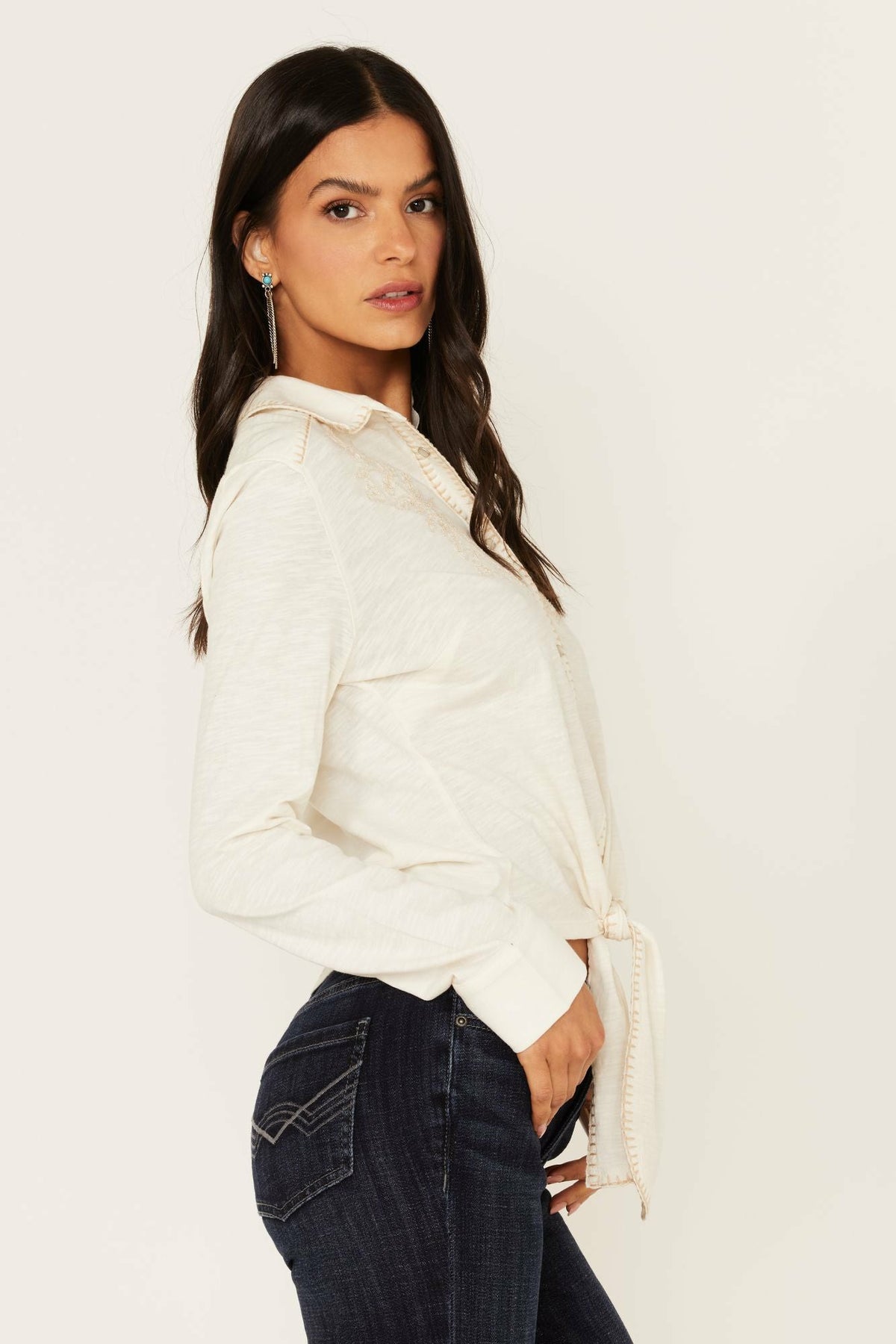 Embroidered Tie Front Knit Long Sleeve Western Snap Top
