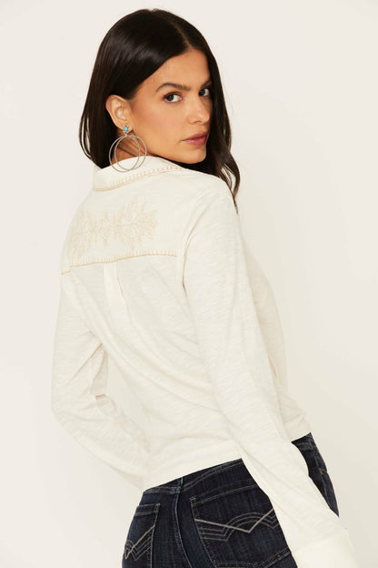 Embroidered Tie Front Knit Long Sleeve Western Snap Top
