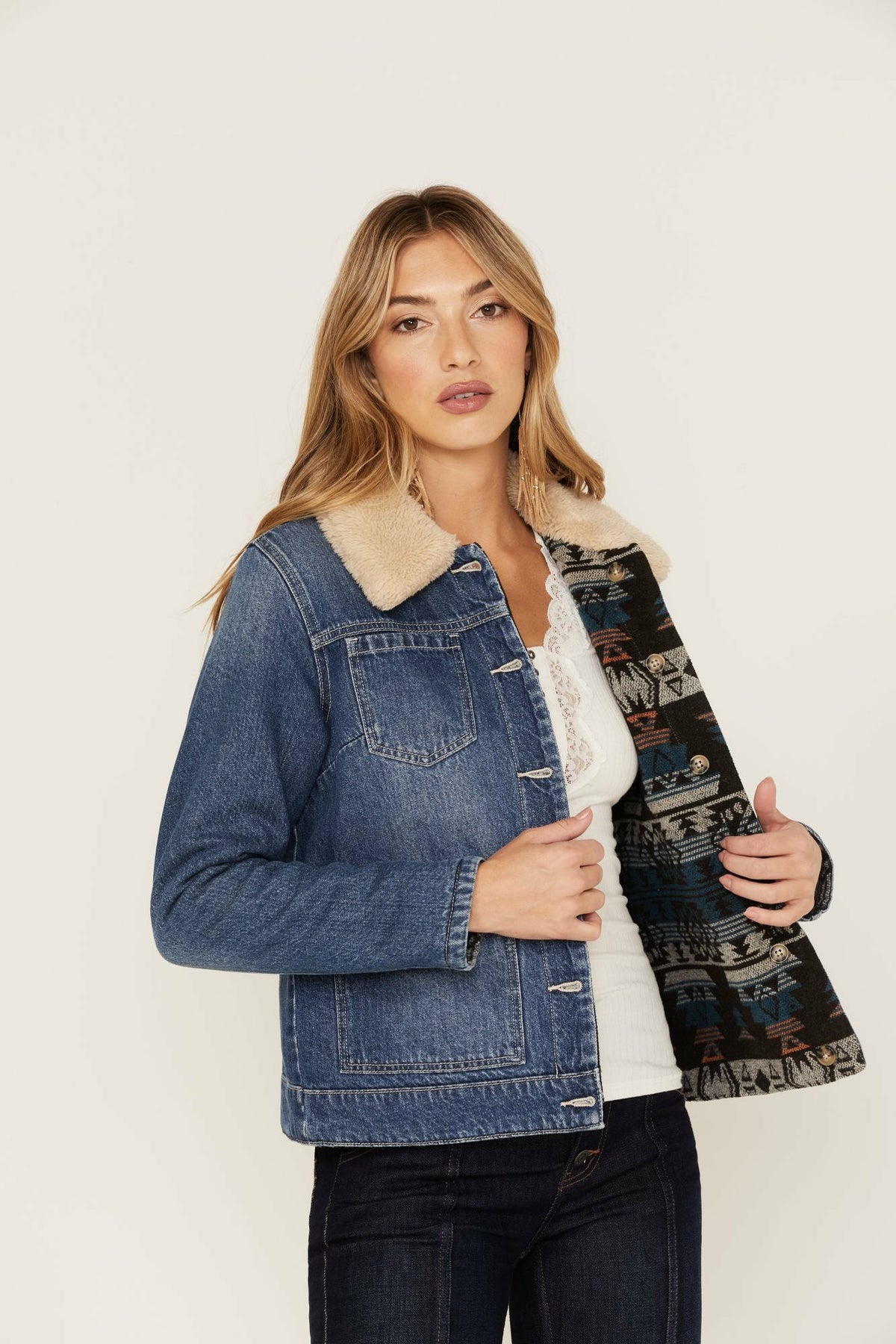 Medium Wash Reversible Sherpa Blanket Denim Jacket
