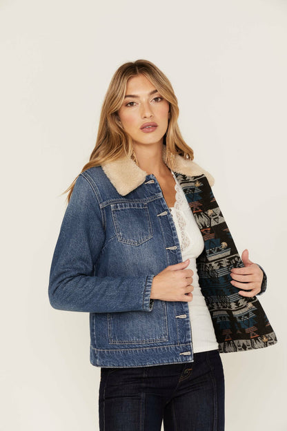 Medium Wash Reversible Sherpa Blanket Denim Jacket